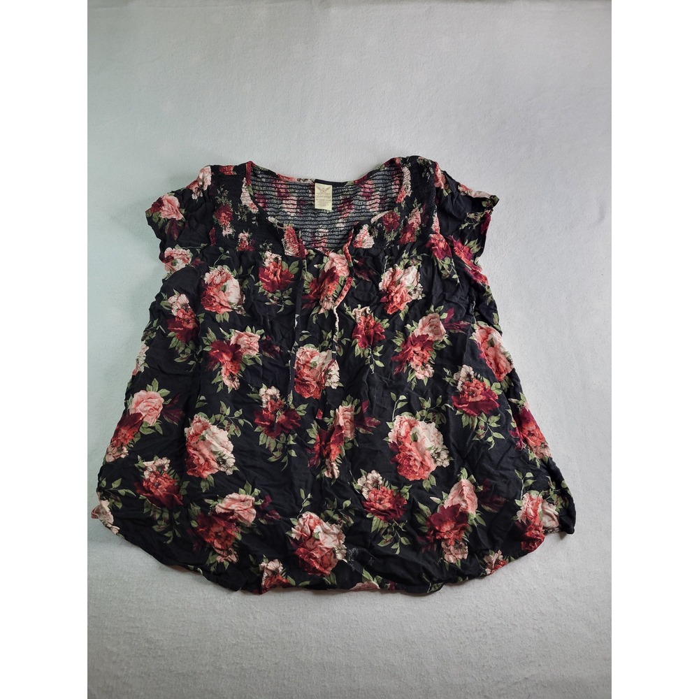 Faded Glory Womens 3X Floral Smocked Peasant Top Black Pink Rayon Flutter Sleeve